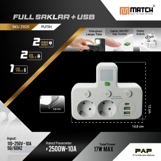 Match Stop Kontak 3 Lubang USB-Power Strip