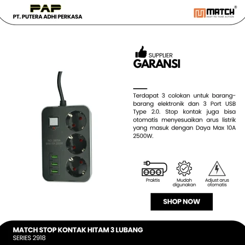 Match Stop Kontak 3 Lubang USB Port