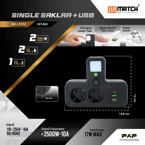 Match Stop Kontak 3 Lubang USB 8023UL#