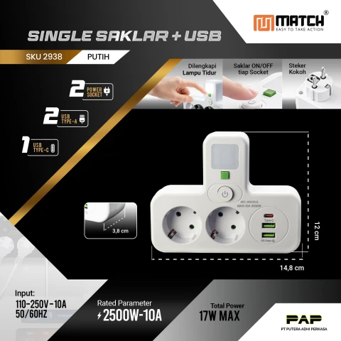 Match Stop Kontak 3 Lubang USB 8023UL#