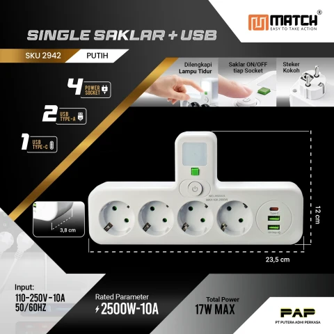 Match Stop Kontak 5 Lubang USB 8025UL#