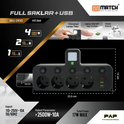 Match Stop Kontak 5 Lubang USB-Power Strip